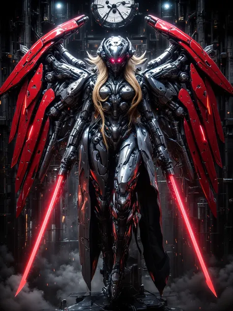 Clockwork Female Angel, Red Metallic Mechanical Angel Wings (6 foot Wingspan), Stainless Steel skinned , Long Flowing Golden Hair, Large Breasts, Voluptuous Build, wide hipped, thick thighs, iridescent Red glowing glass eyes, standing in a cyberpunk clock ...