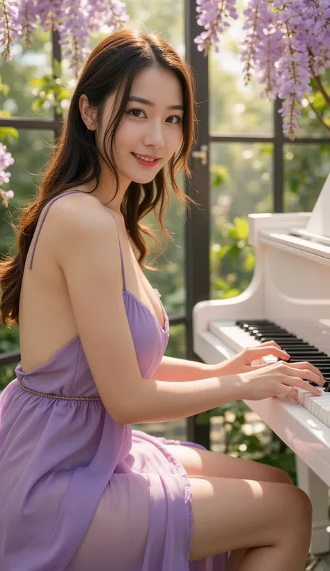 50mm lens， artistic photography ，High Angle，Ultra HD，High image quality。a 20 year old Japanese beauty。Focus on playing the piano。 slender calves , huge breasts,Clear cleavage long hair ，Smile，Five slender fingers,play a white grand piano in a glass flower ...