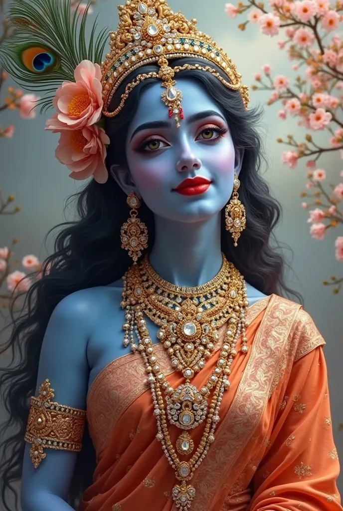 "Create an ultra HD, hyper-realistic image of Divine Lord Krishna as a glamorous supermodel in a stunning feminine form. Krishna is adorned in a beautifully designed saree with intricate golden embroidery and a matching blouse. His deep blue (Shyamvarn) sk...