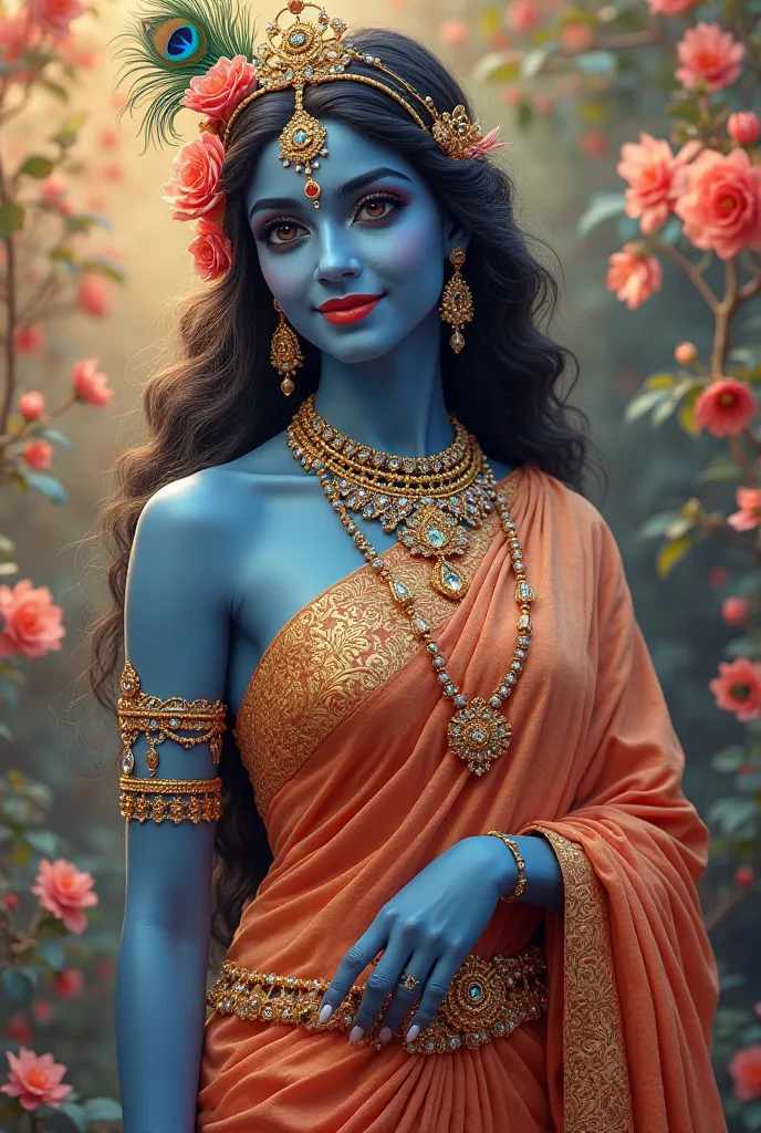 "Create an ultra HD, hyper-realistic image of Divine Lord Krishna as a glamorous supermodel in a stunning feminine form. Krishna is adorned in a beautifully designed saree with intricate golden embroidery and a matching blouse. His deep blue (Shyamvarn) sk...