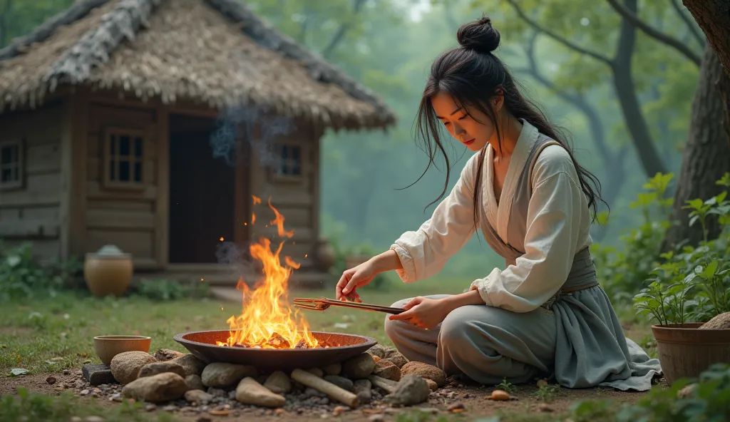 beautiful asian girl  is cooking on a simple hut fire pit near the forest very realistic picture