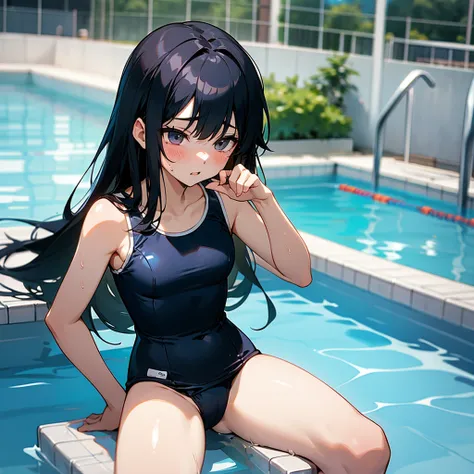 Age: 15、 girl with long black hair。breasts are bulging and small。 anime style、school swimsuit。during swimming class、I noticed that the boy I'm interested in is glancing at me while holding down his crotch。I'm sitting at the gym by the pool side with the ma...