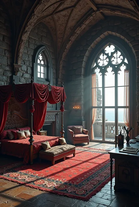 A luxurious and spacious room inside the Dragonstone castle, divided into different areas. The environment has a high vaulted ceiling, x} dark stone walls and large Gothic windows that let in a soft light. The room is divided into four sections: a seating ...