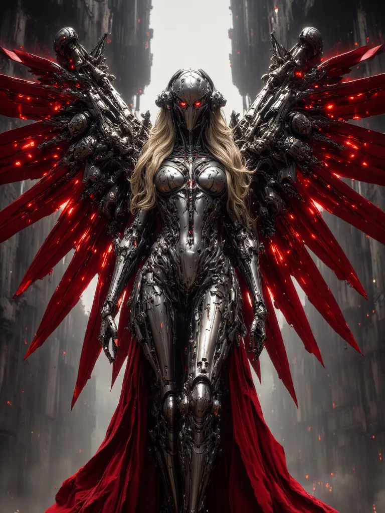 Clockwork Female Angel, Red Metallic Mechanical Angel Wings (6 foot Wingspan), Stainless Steel skinned , Long Flowing Golden Hair, Large Breasts, Voluptuous Build, wide hipped, thick thighs, iridescent Red glowing glass eyes, standing in a cyberpunk clock ...