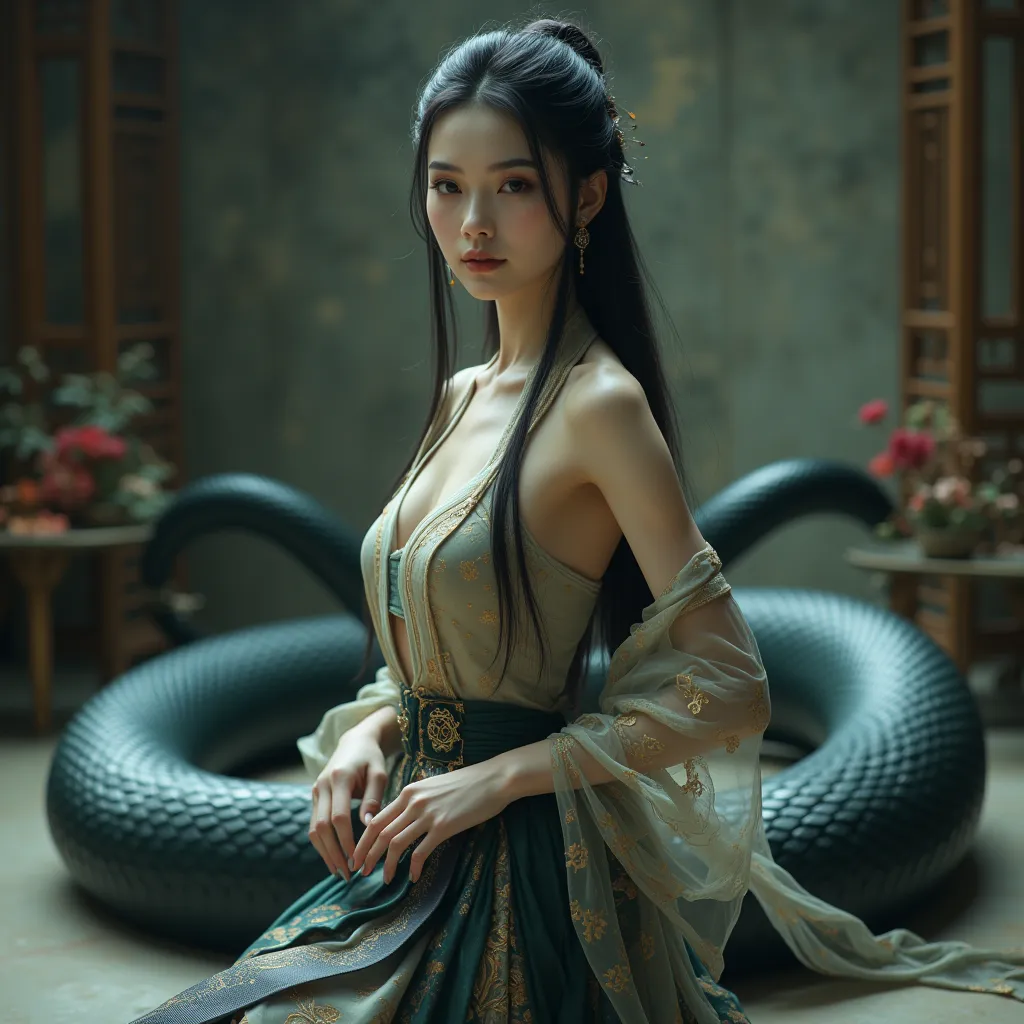 A mysterious and elegant half-human, half-serpent female character with an otherworldly beauty. She has a delicate and refined face with perfectly balanced facial proportions, radiant pale skin with a subtle glow, and deep, intelligent eyes that reflect wi...