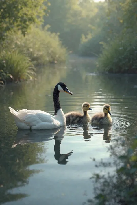 Family of white and black ducks in the pond