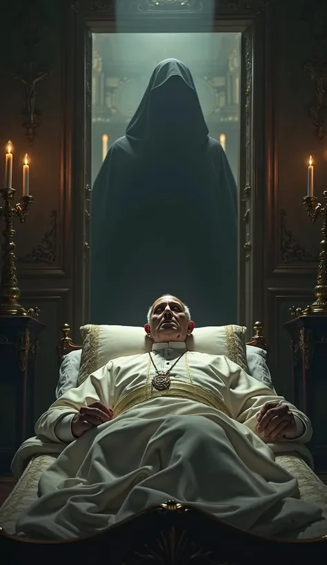 Create an image of Pope Francis dead in his bed and a shadow coming out of his bedroom door