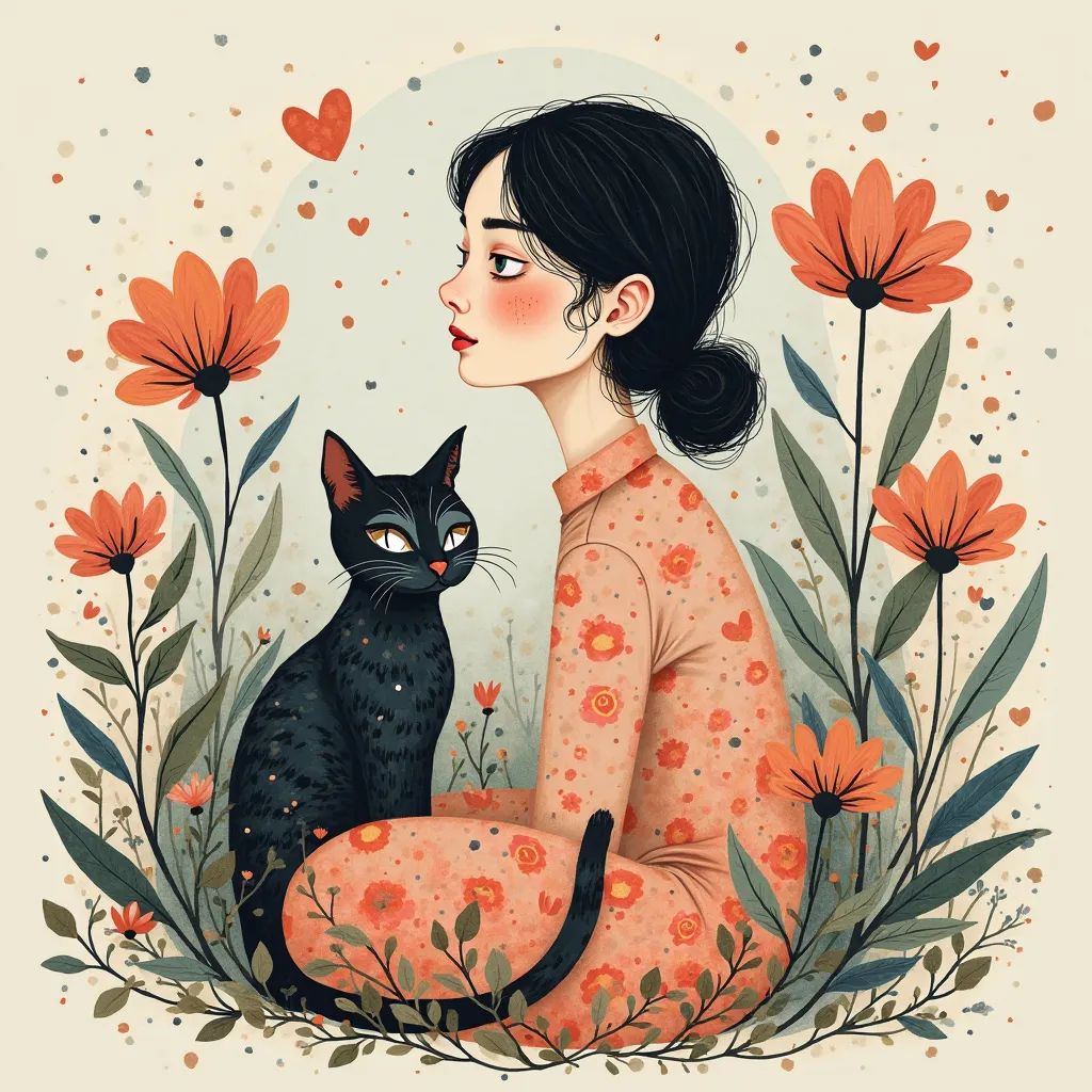 "An abstract and surrealistic illustration featuring a lady with a cat surrounded by delicate flowers. The artwork showcases an embossed papercut style with bold black outlines, giving it a layered and textured appearance. Soft watercolor washes blend seam...