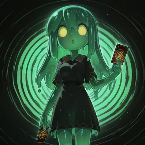 masterpiece, best quality, amazing quality, Anime Screencap. BREAK. 1girl, 
original character, 
slime girl, green hair, long hair, gooey texture, 
standing, holding card, 
spiral background, slime dripping, abstract setting, 
mysterious expression, dark g...