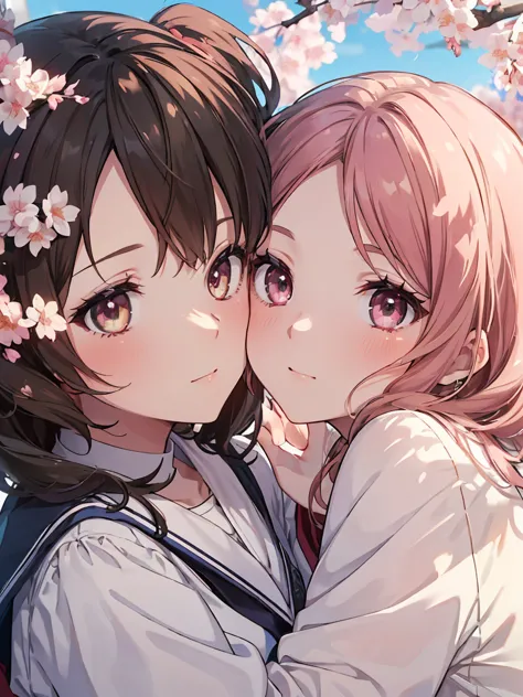 ((Best quality, 8k, Masterpiece: 1.3)), Sharp focus A beautiful woman, Highly detailed face and skin texture, Detailed eyes, Two ladys hugging each other, a row of cherry blossom trees, glint, happy, cheek-to-cheek, forehead-to-forehead