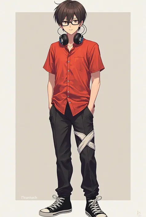 Make a male anime character with brown hair, black lenses, wired headphones, red shirt, a collar, black pants with a white bandage, some converts.