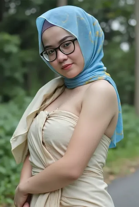 A close up potrait woman with light blue hijab, Realistic, Photorealistic, 64K, Masterpiece, Best Quality, High Definition, Live Action, RAW Photo, Single Woman, 45 Years Old,Black Retina,Big cleavage,plum breast, chest forward, big breasts, thin lips, bea...