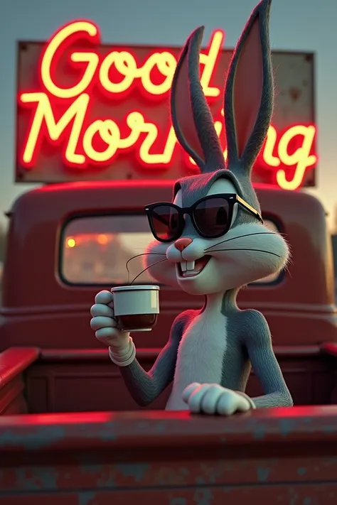 sunglasses smoking 
The letters Good Morning are clearly reflected on the neon tube
Drinking coffee on the bed of an old truck in an old rusted Ford、 raster color
Western-style cool beauty、Bucks Bunny 