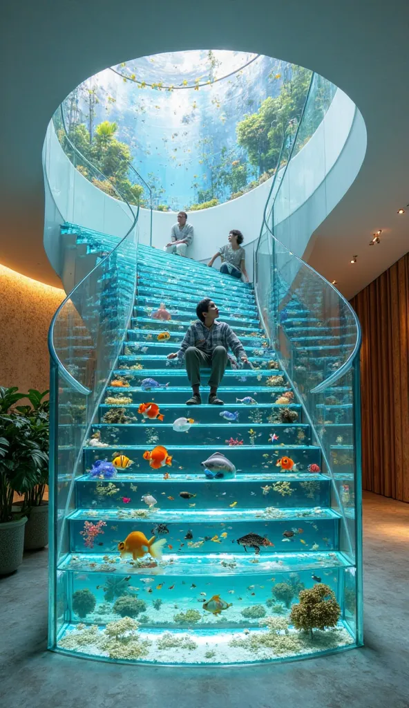 "A surreal and futuristic staircase made entirely of transparent glass, with steps filled with crystal-clear water and a wide variety of tropical fish swimming inside them. The fish include exotic and colorful species such as bettas with flowing fins, vibr...