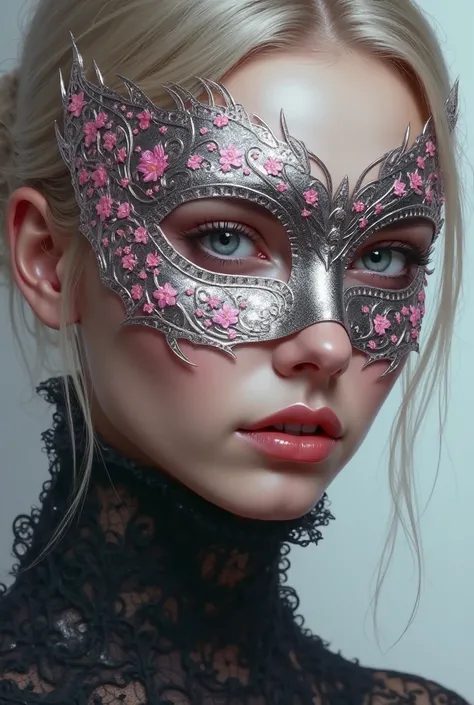 Create an image of a blond haired girl with an all-silver face mask with pink details,a sensual girl 