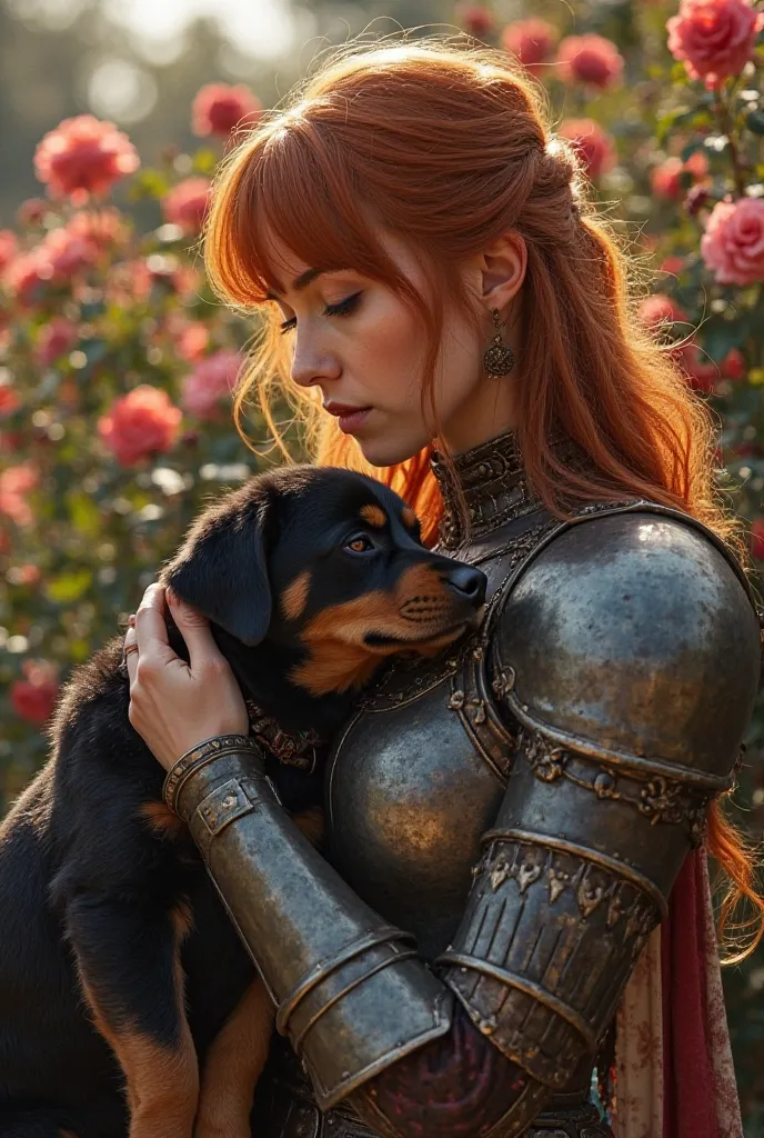 Profile portrait of a woman with loose red hair,  up to the shoulders , Hazelnut bangs and eyes, corpulent. Face covered with delicate features, in full armor holding and stroking a rottweiler puppy. The background is a rosebush with a fairycore touch. Aft...