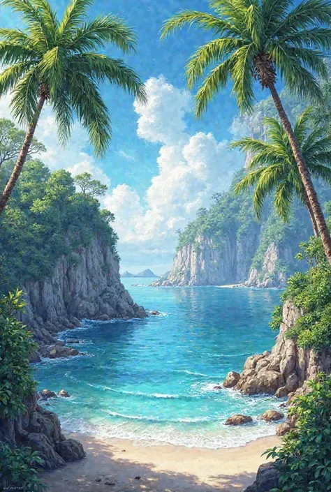 Beautiful natural scenery on the seafront, water color blue white, there is a steep cliff,  there is a coconut tree ,  realistic  