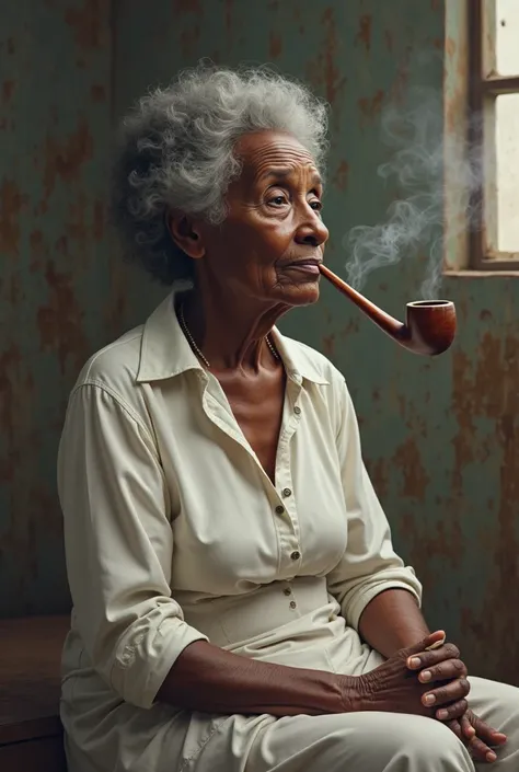 Create image of an elderly black lady , dressed in a white skirt and blouse , gray and short curly hair , Smoking a pipe and sitting 