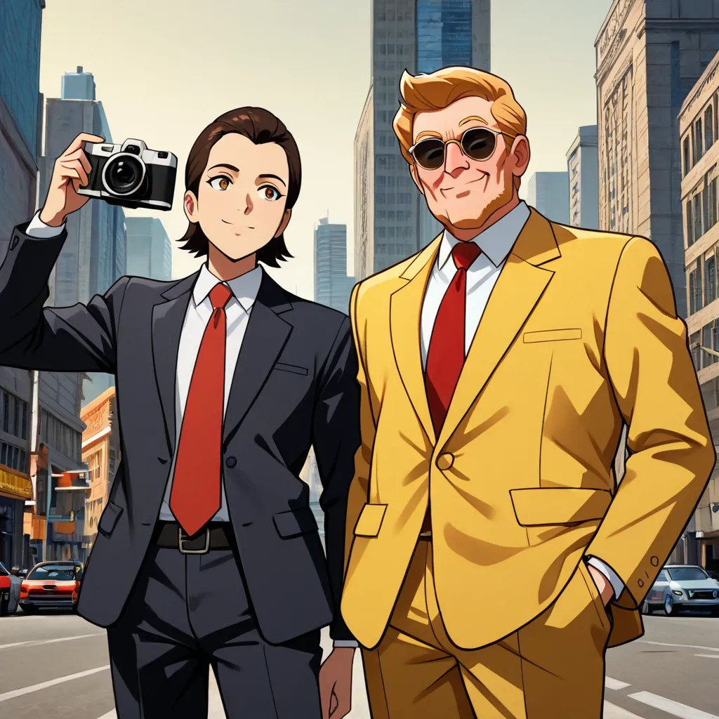 Masterpiece, anime-style illustration, Donald Trump, the president of the United States. Masculinity, a very kind man, the man closest to God in the world, fancy suit, red tie, looking at the camera and smiling, futuristic city, background in black and yel...