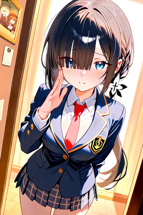 black hair short ponytail girl、cute、 long bangs、 blue eyes、 slim、 shy girl 、big breasts、School Blazer