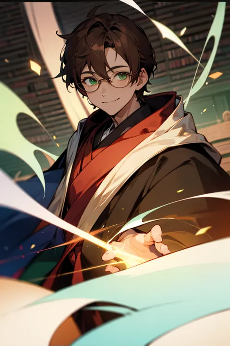 1male, brown hair, green eyes, magical robes, glasses, smiling, looking at viewer, library background