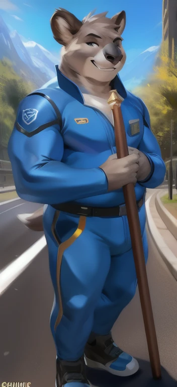 alone , Male tall , stand, road,koala ​, Blue Military Spacesuit,Holding a magical staff of earth ​ element, Overweight , strapped muscles , Smirk, by chunie