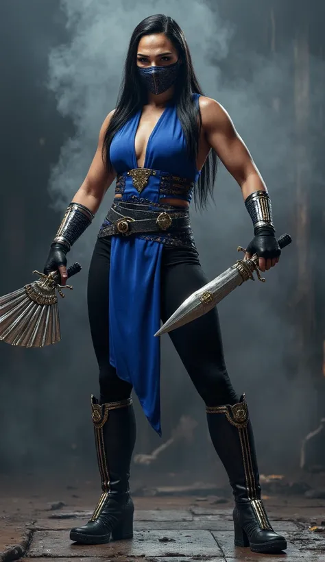 (((Kitana from Mortal Kombat,  ultra realistic))), (((full body))), (((perfect hands))), old background, (((Perfect Weapons))),  She must be dressed in a tight blue bodysuit ,  adorned with gold details that refer to her real origin. Complete o visual com ...