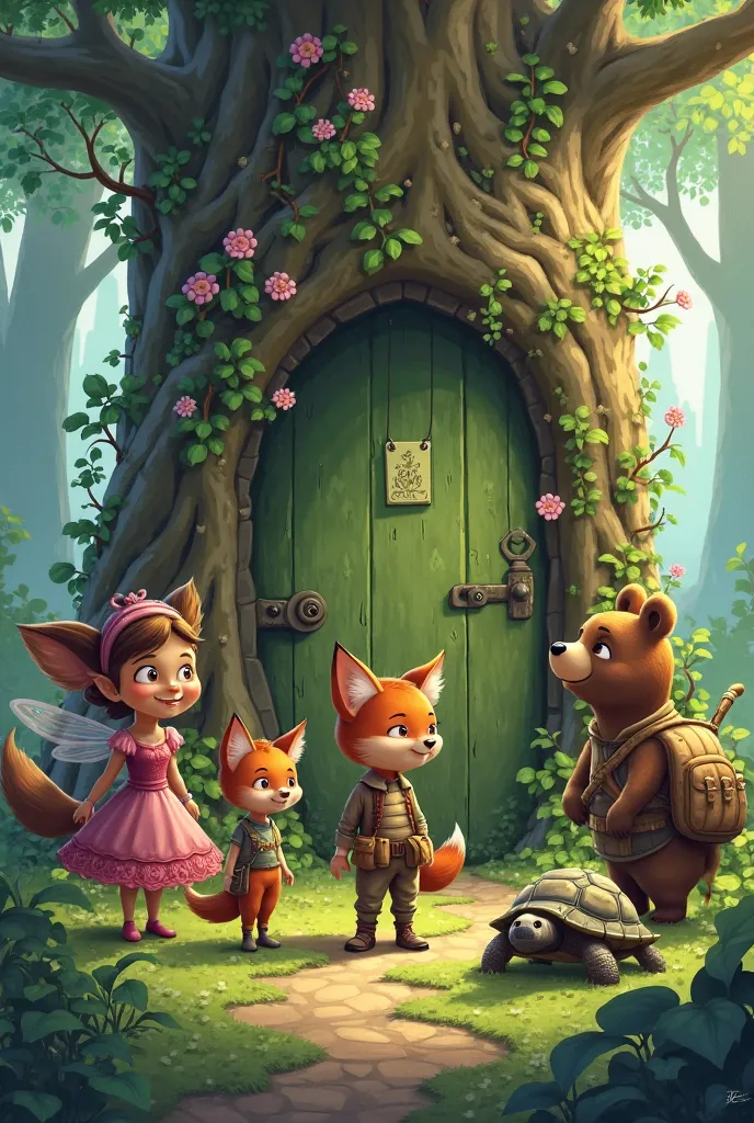 A fairy a fox an explorer a bear and a turtle tree door