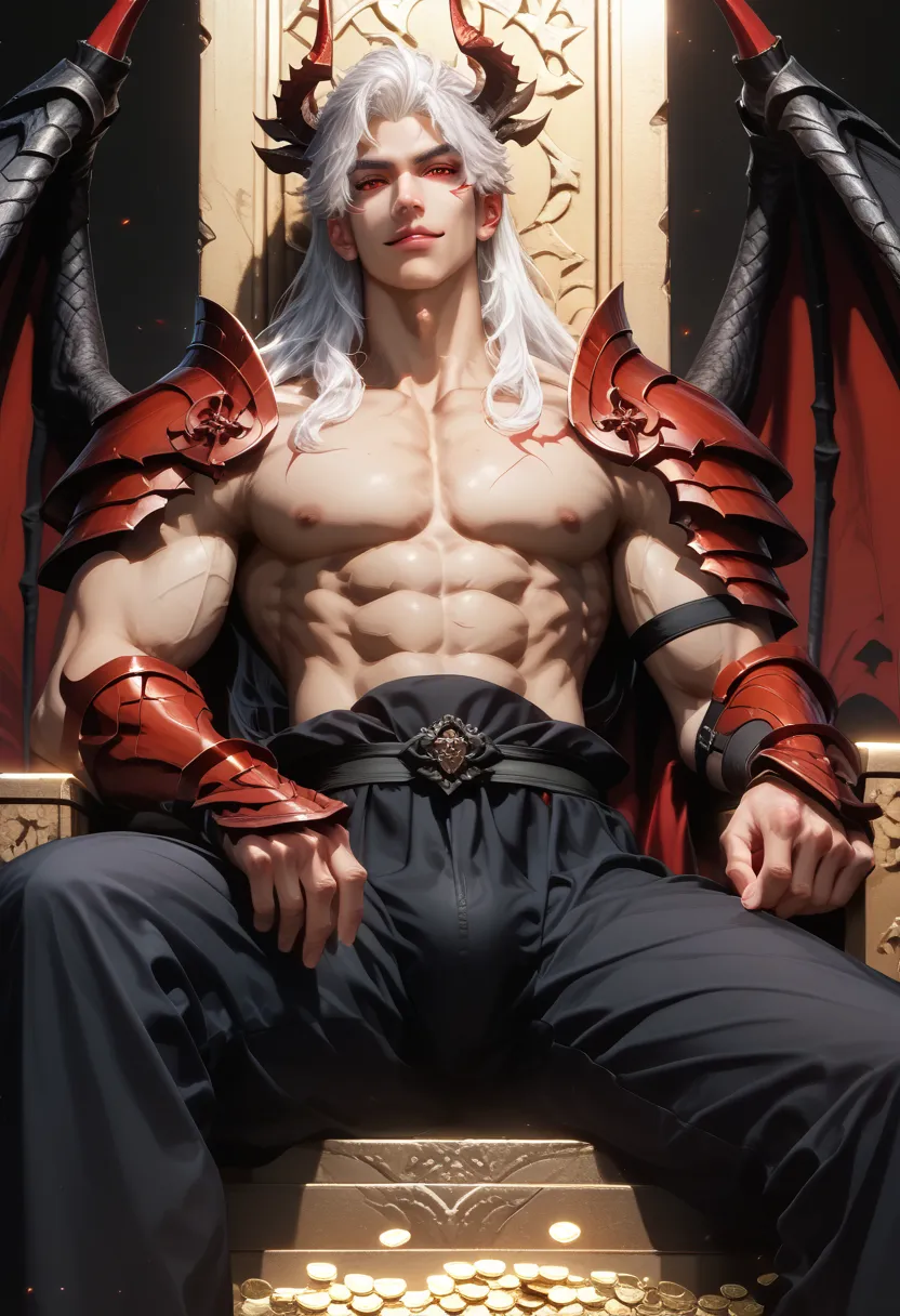 Anime illustration semi-realism of Chinese human dragon hybrid male, semi realistic, shirtless under armor, shirtless, topless, no shirt, muscular, very broad shoulders, smaller waist, slightly muscular body, Asian eyes, monolid eyes, long hair, (((long wh...