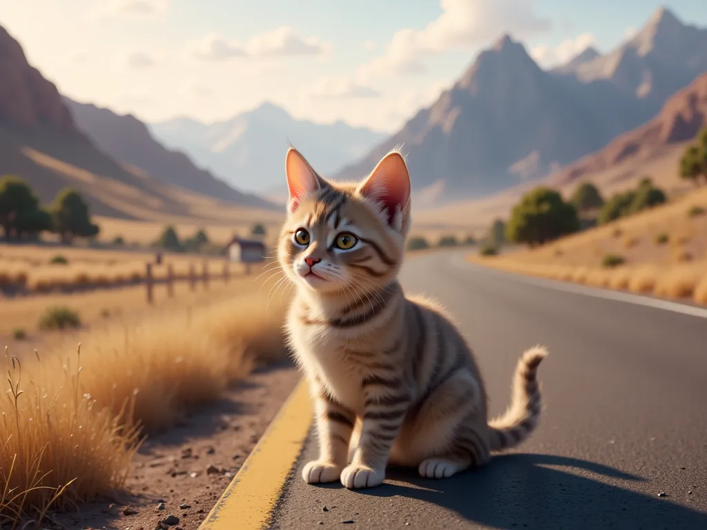 A small kitten sits at the edge of an empty road, gazing into the distance, open fields and mountains in the background, sense of freedom, adventure, cinematic lighting, detailed fur texture.