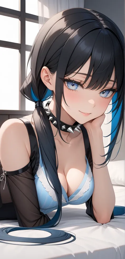 , Random Sexy pose , ((Ultra detailing)), ((Cute girl)), ((very aesthetic, best quality, ultra detailed)), intricate details, 1girl, ((long hair, Black hair, low ponytail, blue inner hair)), ((silver eyes)), ((Detailed eyes)), ((Beautifull eyes)), ((prefec...