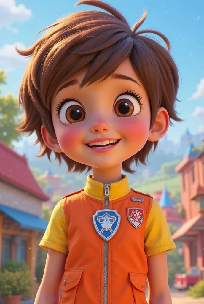 Girl with short hair dressed in Pixar-style Paw Patrol 