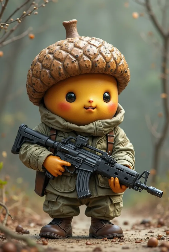 An animated acorn wearing military uniform and holding an assault rifle in its hands.