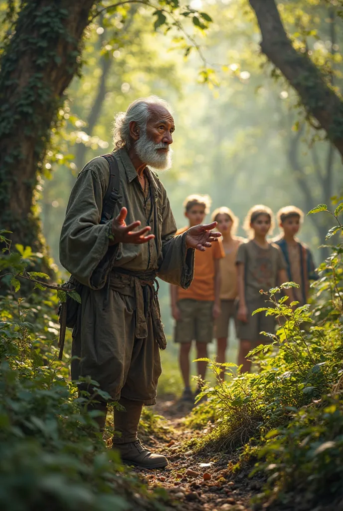 An elderly leader, with their skin wrinkled over the years, guide a group of young people through a forest, explaining how to preserve ecosystems. ren follow closely, absorbing
Each word.