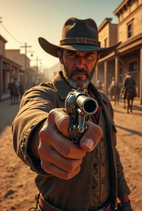 First-person view of a cowboy in a dusty city, visible hands with revolver,  pc, with sunset.	Add horses and saloons for context.