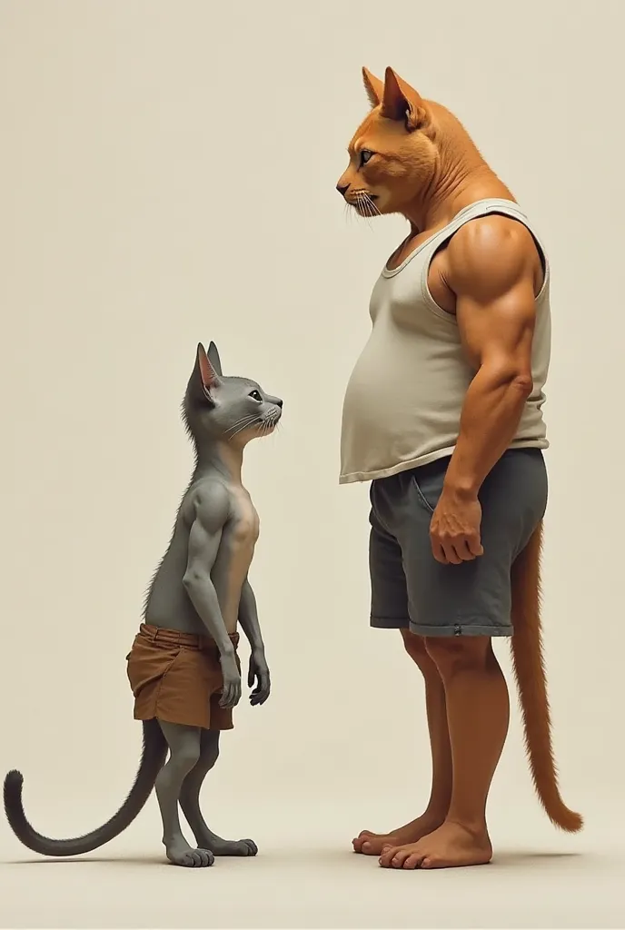 Figure of a standing cat, cat body, cat face, cat tail, gray skin, very thin and wearing small brown shorts and tank top. Another standing cat, cat body, cat face, brown skin, tall, big and muscular, wearing shorts and tank top. Standing, looking at each o...