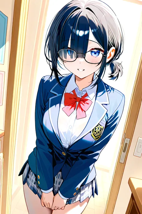 black hair short ponytail girl、cute、 long bangs、 blue eyes、 slim、 shy girl 、big breasts、School Blazer、Glasses