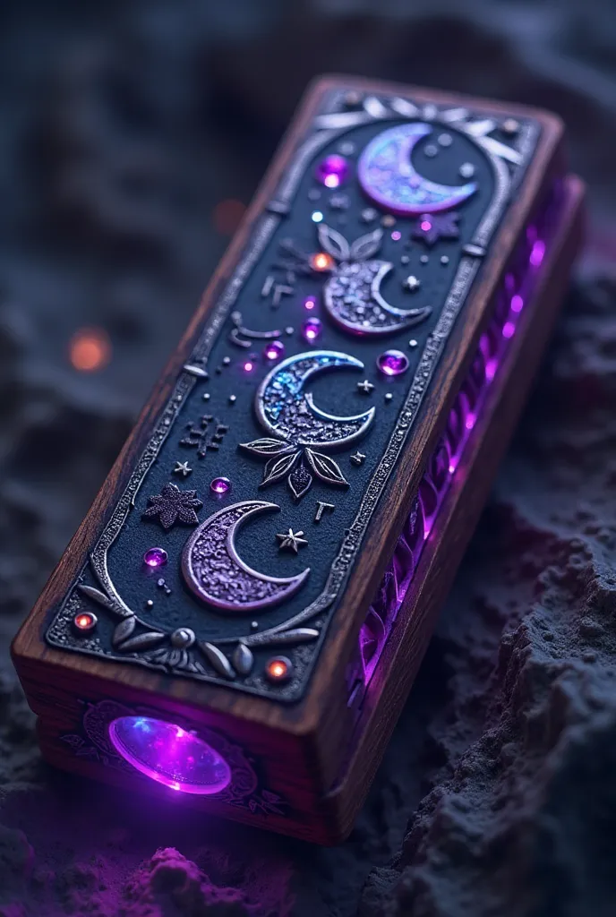 wooden harmonica in a cartoonish style. The harmonica is made of dark wood with metallic accents in purple and dark blue. It has engravings of crescent moons, stars, and glowing ancient runes. Small purple lights emerge from the holes when played, as if it...