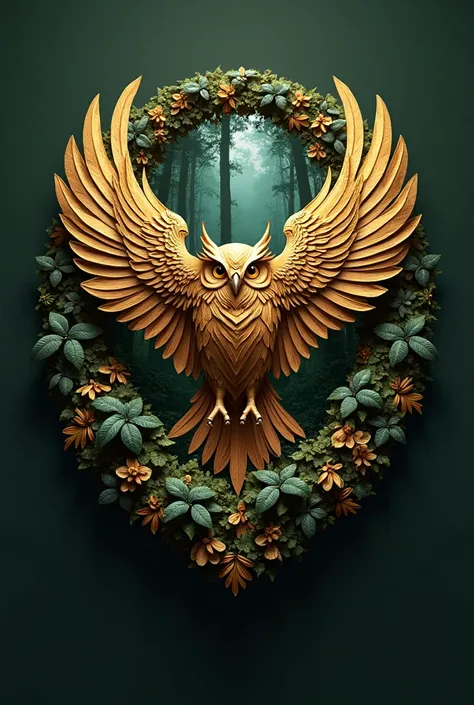 Generate a 3D logo of jungle flying owl “LUPE” gold. Forest background 