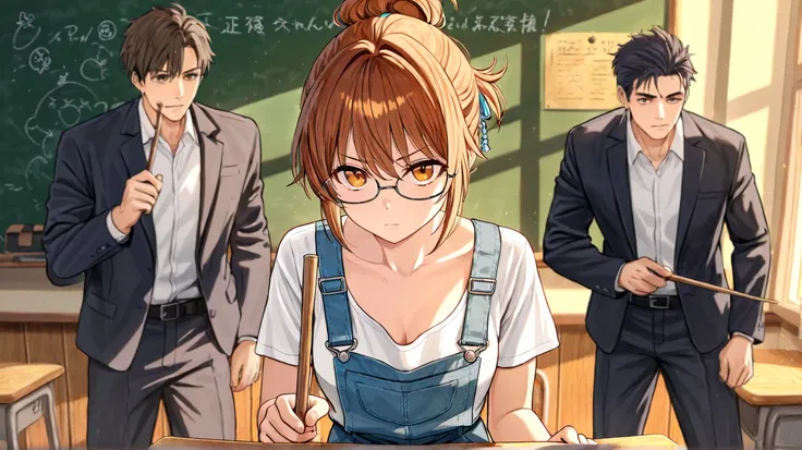 study、study、Teacher's look、 girls on the left、 is wearing glasses、 suit、タイトな suit、 I'm putting my hair up、classroom、 blackboard 、Holding a stick in his hand、HD、high quality、