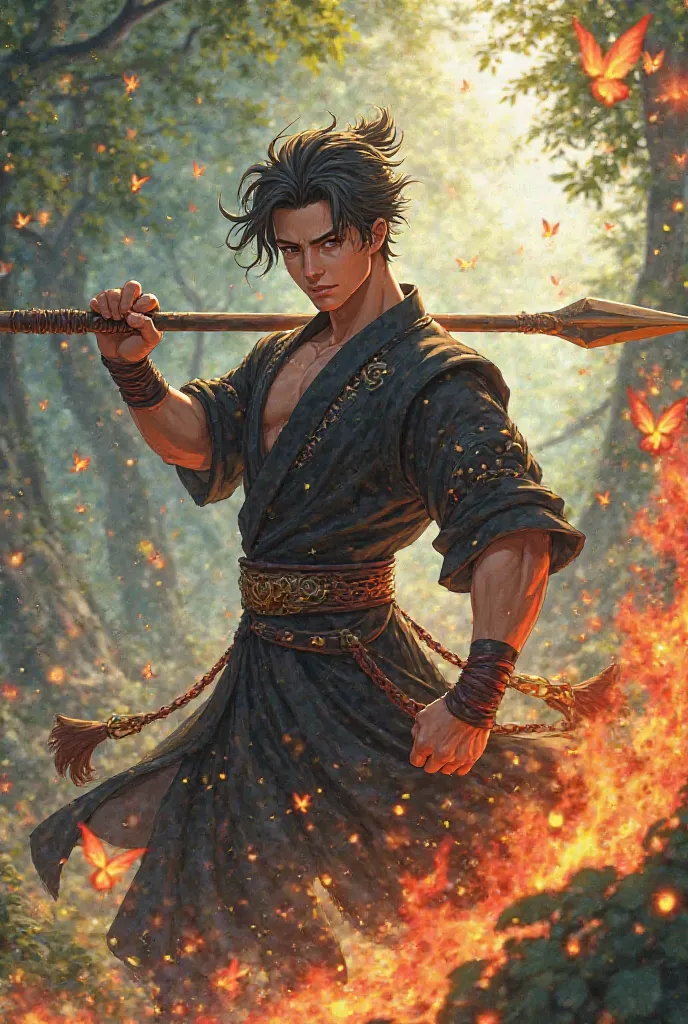  young male character /Strong Brown Adult for ANIME JAPANESE fantasy/Mystical fairies, spear user with black clothes element/Fire power