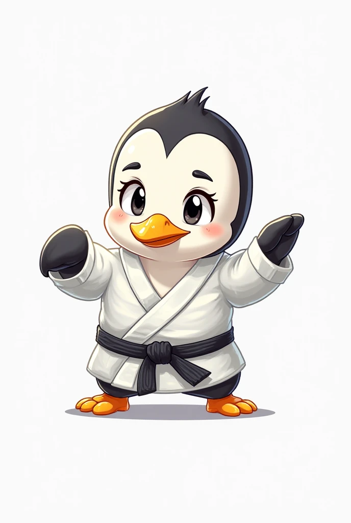 White background creates a karate penguin cartoon with karate uniform and black ribbon, Make it a cute cartoon while doing a karate pose 