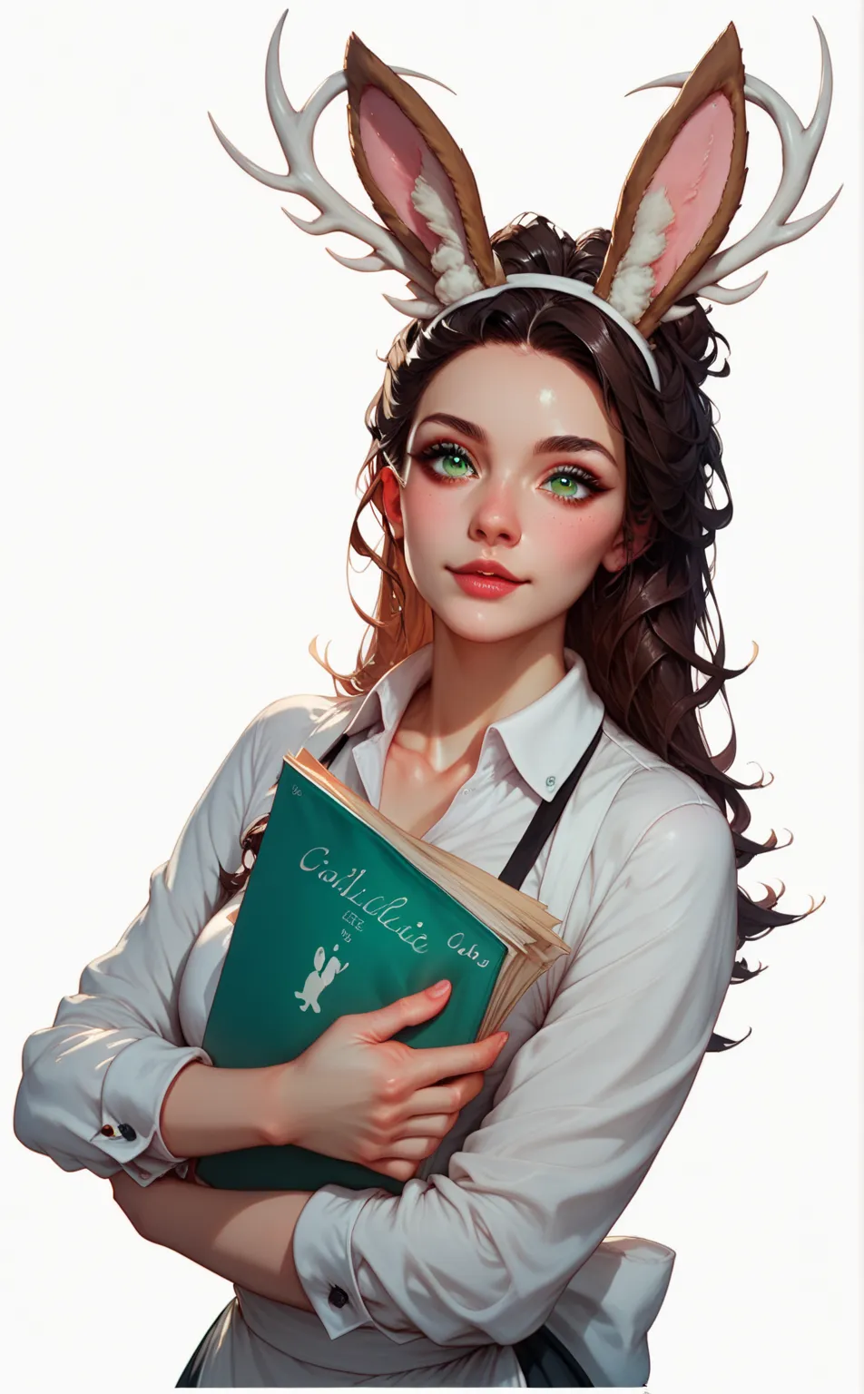 Jackalope girl, waitress, red and white waitress uniform, wavy dark brown hair, green eyes, looking at viewer, sexy, holding menu folder between arms, half body, bunny ears, anters