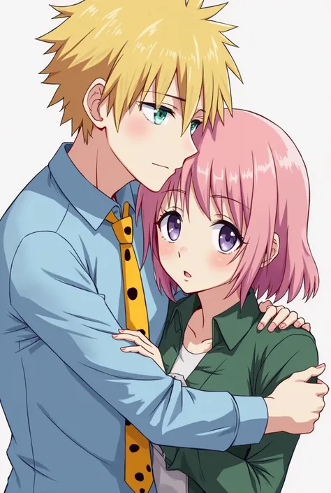 Nanami Kento is a blond character,  white skin, wears a blue dress shirt and a yellow tie with black spots. He is from the anime Jujutsu Kaisen .

Create an image of this character hugging a woman shorter than him. This woman has pink hair and fair skin.