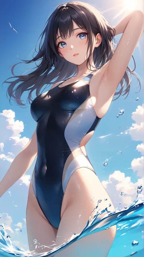 (masterpiece,best quality,ultra detailed,high resolution),(realistic:0.4),daytime,lady,beautiful eyes,black hair,cool eyes,competition swimsuit,beautiful sky,from below,