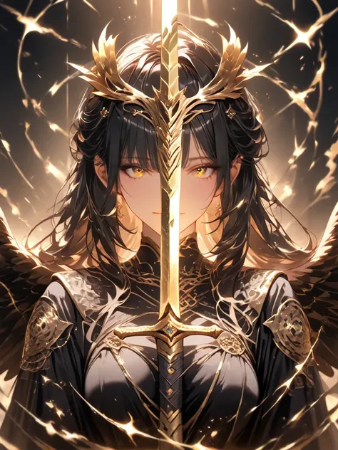 Golden sword in the middle .. parallel to the middle of the face/Nose that goes up to the middle of the breasts , female, Golden eagle-shaped sword sheath with open wings, masterpiece, black hair and spiked .. similar to the reference photo in the shape of...