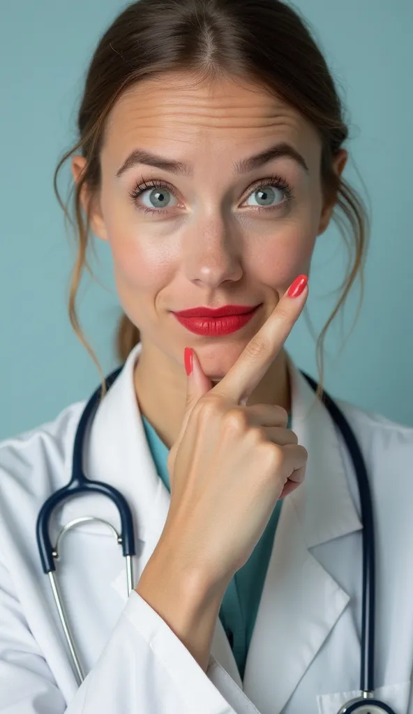 A woman making a reaction, facing the camera. One hand is on her chin, and the other hand is pointing upwards without stopping. She has a curious expression on her face. She is wearing a doctor's outfit with a stethoscope hanging around her neck, the typic...