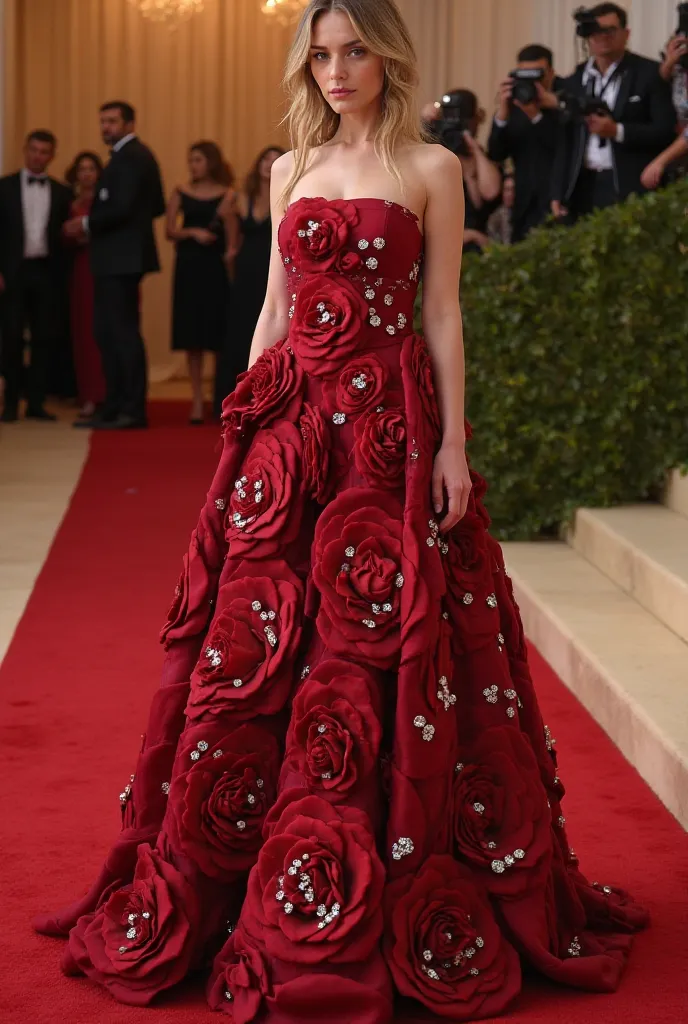 Red rose evening dress embellished with diamonds at the Met Gala