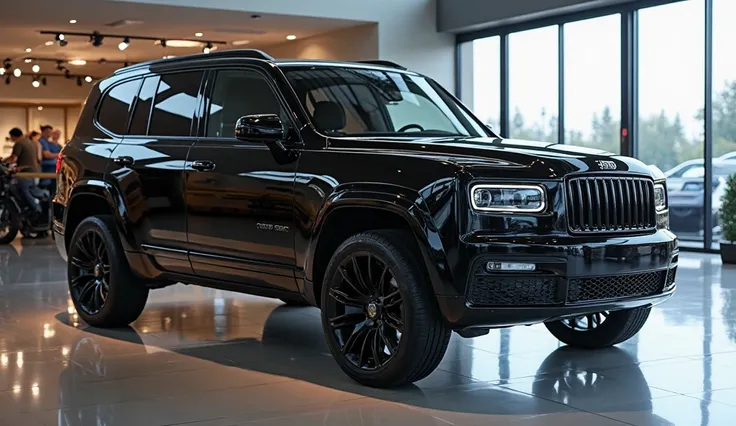 Ultra HD high Quality,A photo of a side view of a polished Shiny black concept 2025 Jeep Wagoneer . parked inside a showroom. The lighting in the showroom is bright, casting reflections on the shiny showroom floor. The 2025 Jeep Wagoneer has distinctive ro...