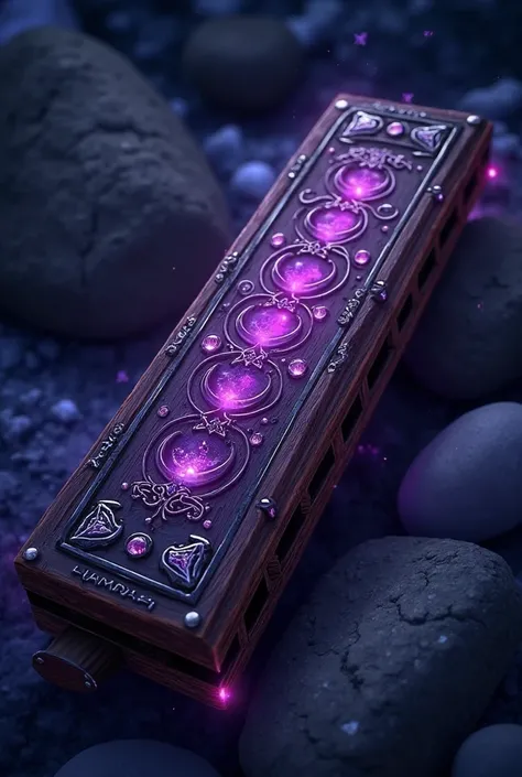 wooden harmonica in a cartoonish style. The harmonica is made of dark wood with metallic accents in purple and dark blue. It has engravings of crescent moons, stars, and glowing ancient runes. Small purple lights emerge from the holes when played, as if it...